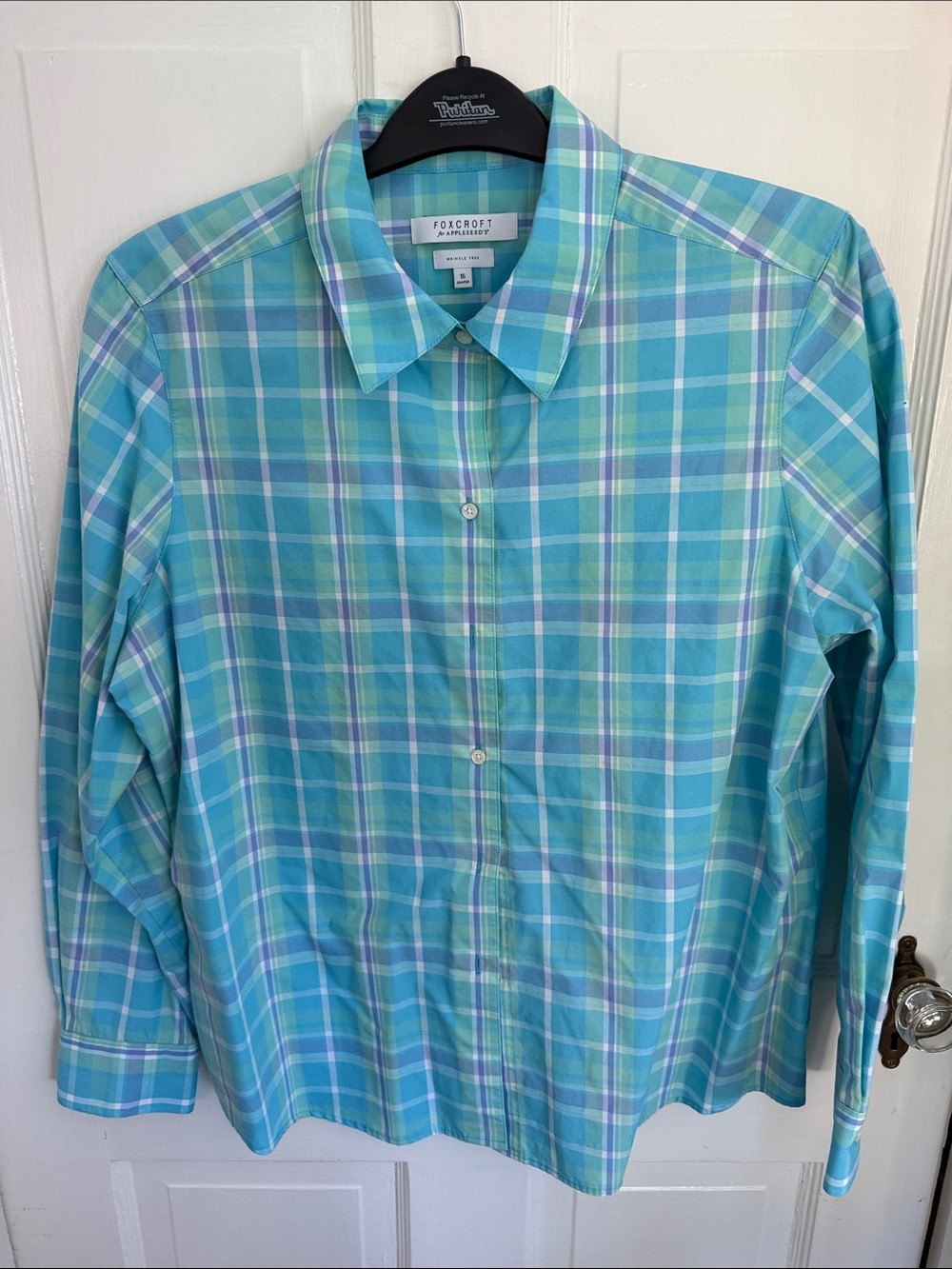 Fox Croft Women’s Plaid Button-Down Shirt in Aqua and Lime 16